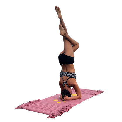 Non-toxic, sustainable yoga meditation mat, sun moon stars design, hand-dyed with Ayurvedic herbs like sappanwood, crafted from organic cotton for balanced, mindful living yoga pose headstand