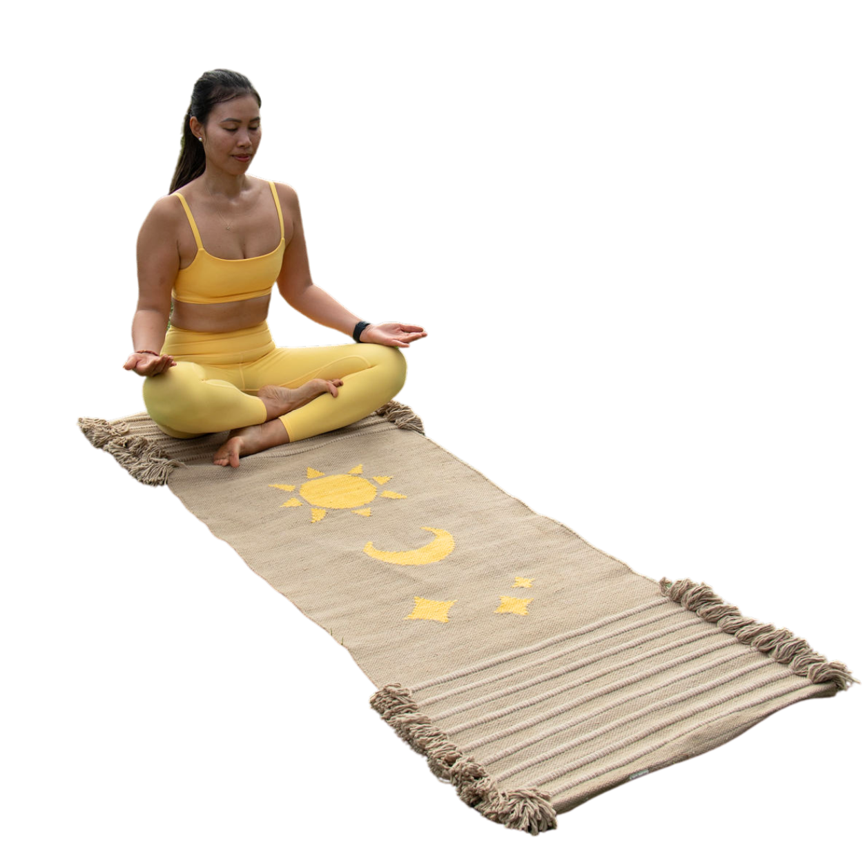 Handcrafted Ayurvedic yoga meditation mat for mindful living, featuring sun, moon, and stars design