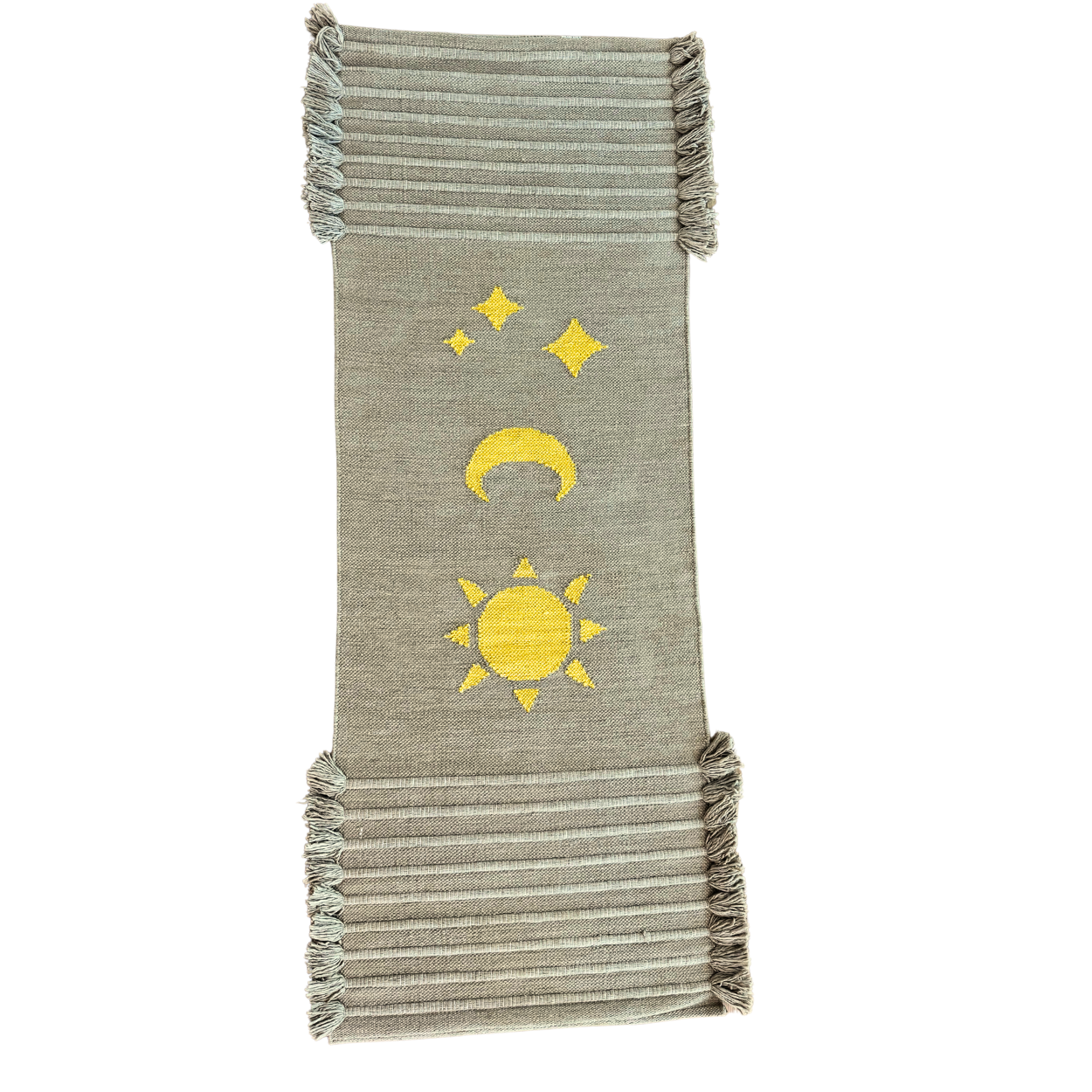 Organic cotton yoga meditation mat featuring sun, moon, and stars design, hand-dyed with Ayurvedic herbs Harda 