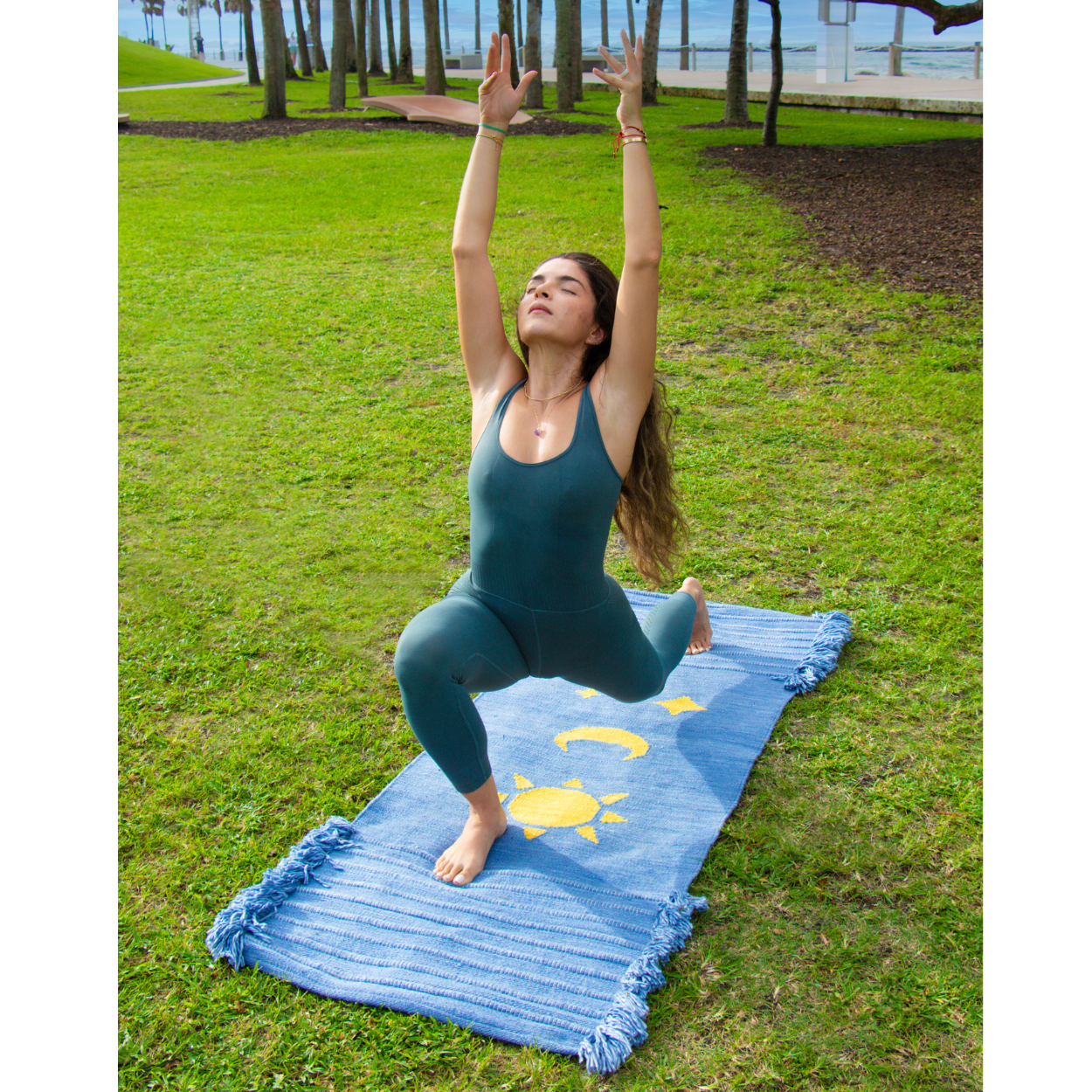 Indigo Edition Sun Moon Stars Yoga & Meditation Mat made from 100% organic cotton and naturally dyed with Ayurvedic indigo herbs. Balances doshas and promotes eco-friendly, non-toxic, conscious living