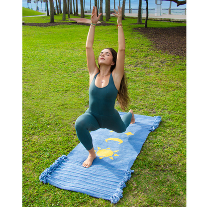 Indigo Edition Sun Moon Stars Yoga & Meditation Mat made from 100% organic cotton and naturally dyed with Ayurvedic indigo herbs. Balances doshas and promotes eco-friendly, non-toxic, conscious living