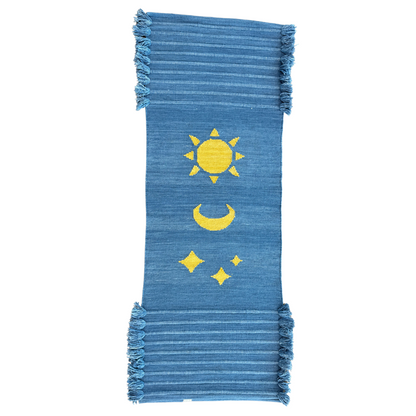 Eco-friendly Indigo Sun Moon Stars Yoga Mat, hand-dyed with Ayurvedic indigo herbs to balance doshas, handcrafted from organic cotton for mindful and sustainable living